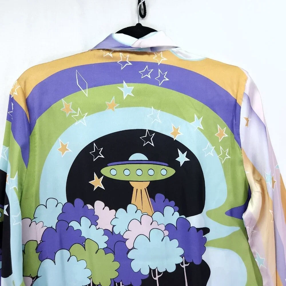 House Of Sunny Nice To Meet You Shirt Womens Size 2 Satin Graphic Button Front - Picture 4 of 15